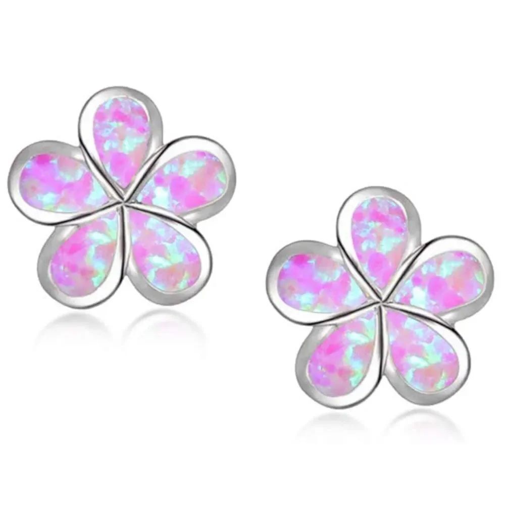 18K White Gold with Genuine Purple Fire Opal Flower Post Back Stud Earrings
